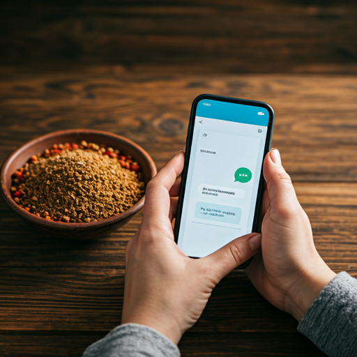 Hands holding a smartphone with a messaging app open, next to a bowl of Nigerian spices