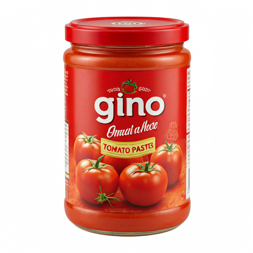 Cans of high quality tomato paste stacked in a geometric pattern